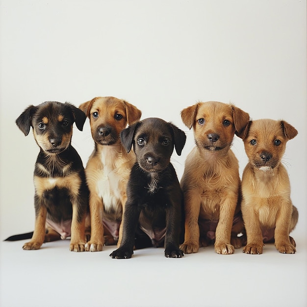 a group of dogs are sitting together one of which is black and brown