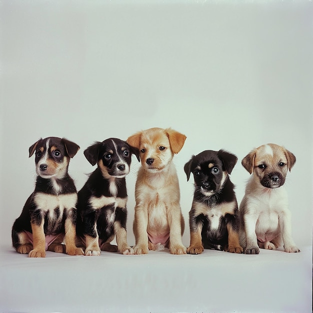 a group of dogs are sitting together one of which is black and white