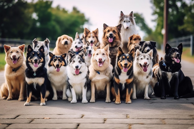 A group of dogs are sitting together in a park.