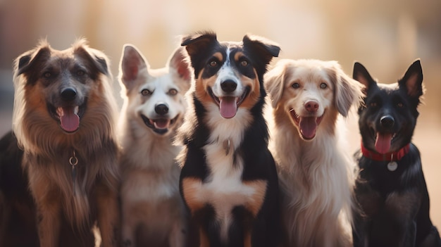 A group of dogs are sitting together in a row.