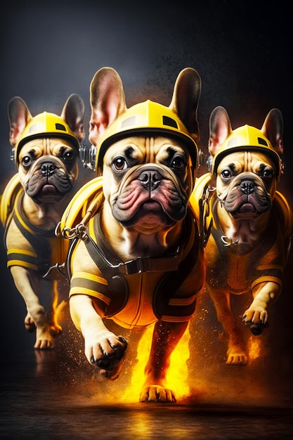 Group of dogs dressed in yellow fire fighter gear on black background Generative AI