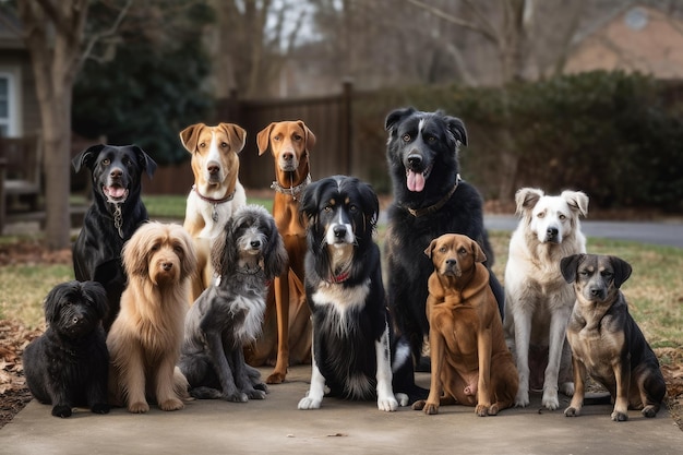 Group of dogs each with their own unique personality looking at camera created with generative ai