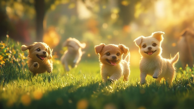 a group of dogs in the grass with the sun behind them