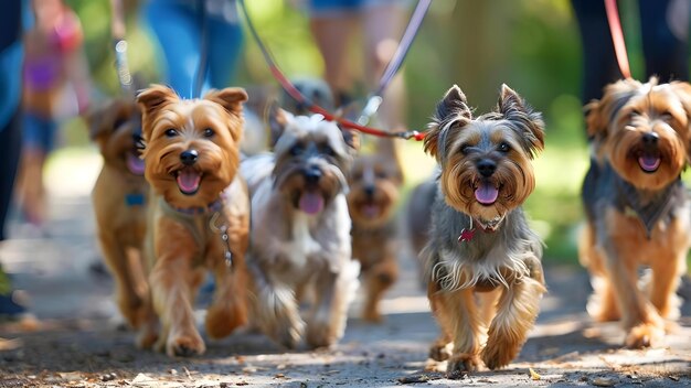 Photo a group of dogs on leashes being walked in a dog park concept pet photography dog training outdoor activities animal lovers leisurely walks