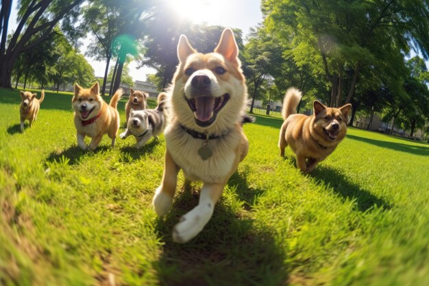 A group of dogs playing and running together in the park Generative AI