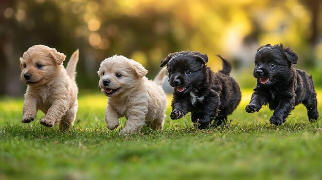 a group of dogs running in a field with one being a puppy