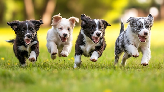 a group of dogs running in a field with one of them running