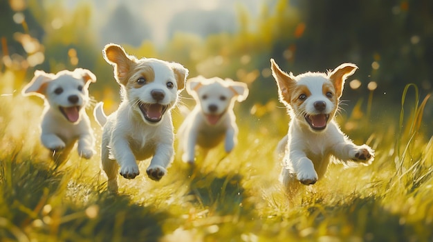 a group of dogs running in a field with the sun behind them