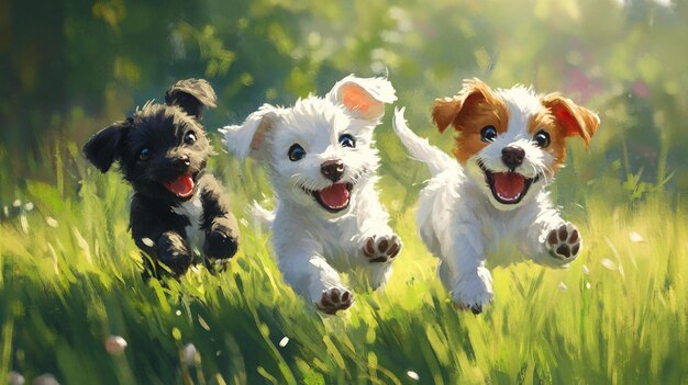 Photo a group of dogs running in the grass with the sun behind them