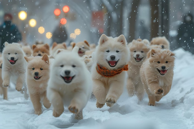 a group of dogs running in the snow