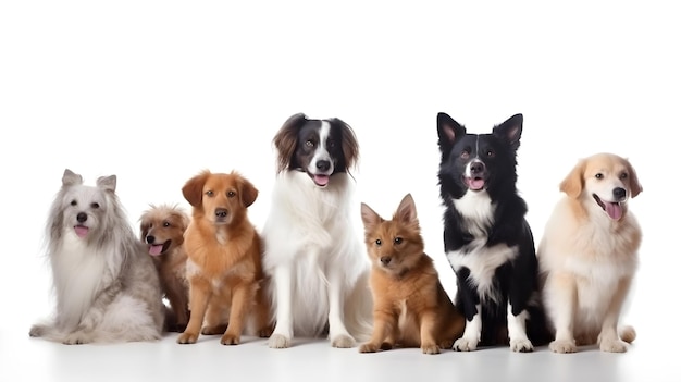 A group of dogs sit together on a white background.