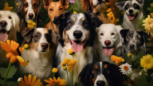 group of dogs smiling to camera with cute face in flower background garden