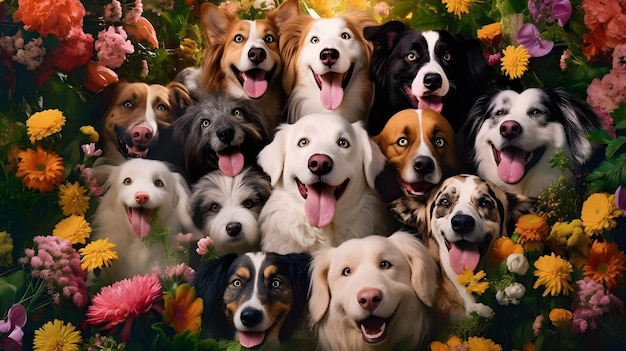 group of dogs smiling to camera with cute face in flower background garden