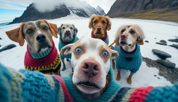 a group of dogs wearing dog sweaters taking a selfie