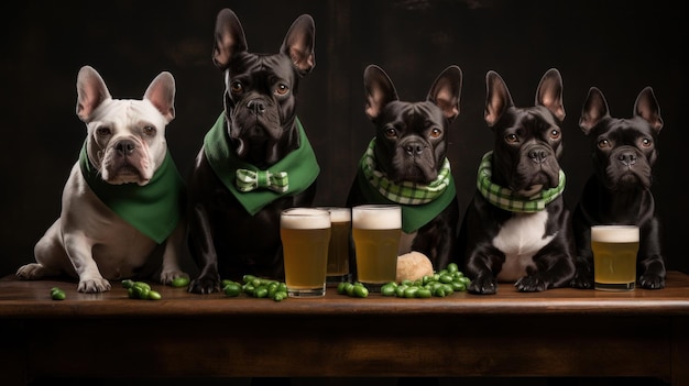 Photo a group of dogs wearing green bandanas and holding glasses ai