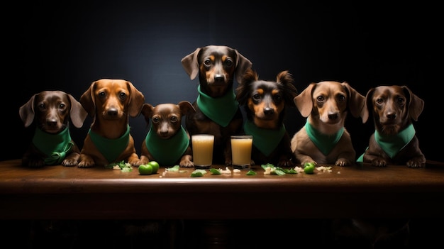 Photo a group of dogs with green bandanas sitting around a table ai