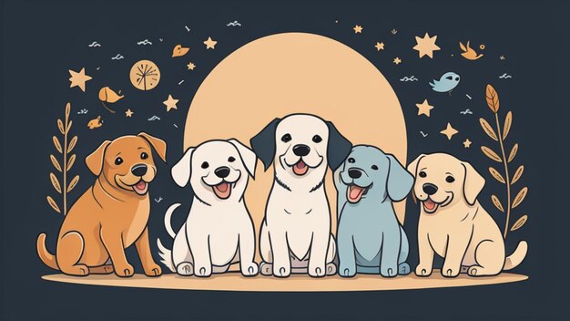 A group of dogs with the moon in the background.