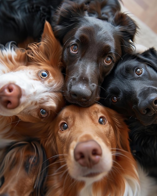 a group of dogs with one eye open and one has a brown dog on the other