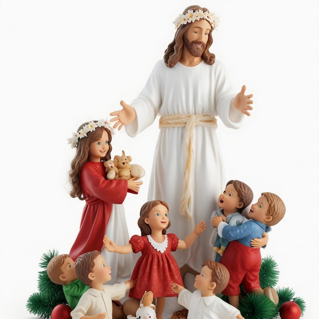 a group of dolls are gathered around a statue of jesus