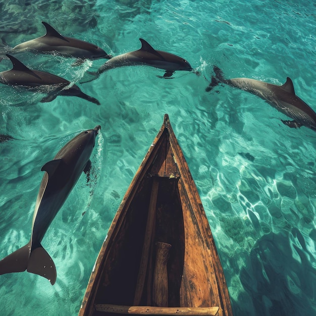 Photo a group of dolphins approaching humans while on a wooden boat the beauty of the natural area