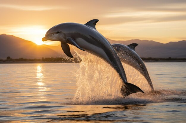 a group of dolphins jumping out of the water