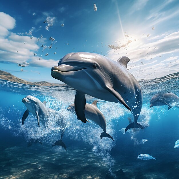 Photo a group of dolphins in the middle of the ocean with an isolated blue sky background