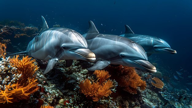 Photo a group of dolphins swim near a coral reef with corals and sponges