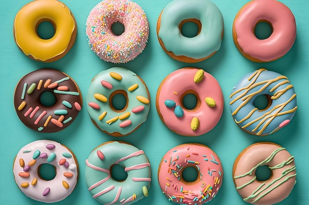 Photo a group of donuts with different colors and sprinkles on them.