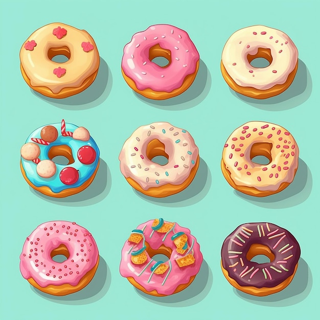 A group of donuts with different flavors including one with a pink icing and one with a blue circle.