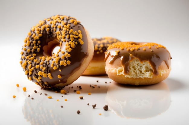 A group of donuts with orange sprinkles and chocolate sprinkles.