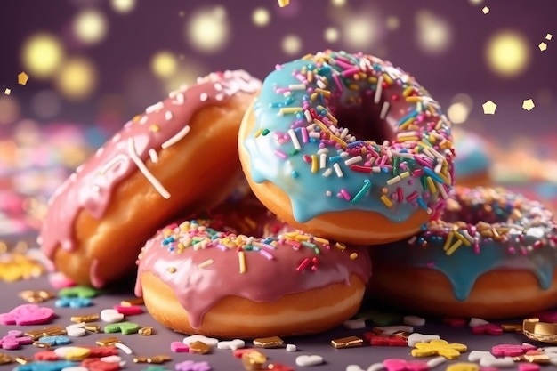 A group of donuts with pink blue and purple frosting and sprinkles Generative AI