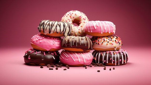 Group of donuts with sprinkles on pink background