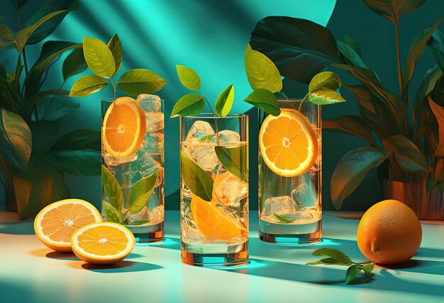 a group of drinks with ice mint lemons and oranges on a glass