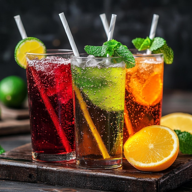 Photo a group of drinks with limes and limes on a wooden board