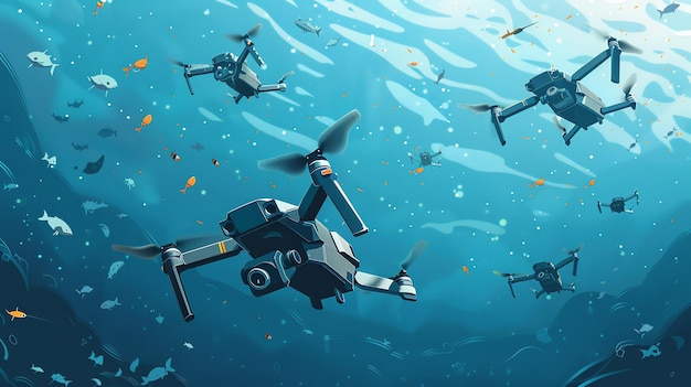 Photo a group of drones fly underwater with fish swimming around them