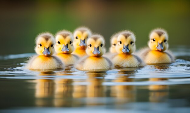 Photo a group of ducklings swim in the lake with their mother