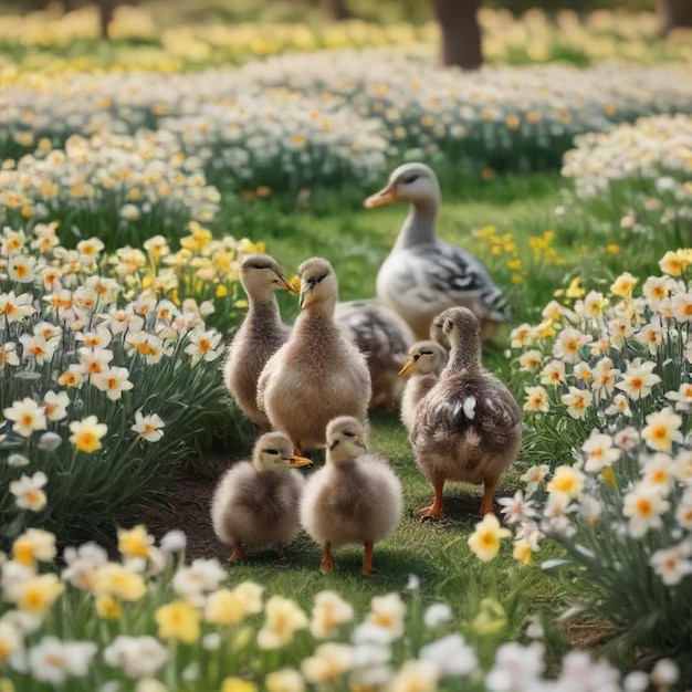 a group of ducks are in a field of flowers