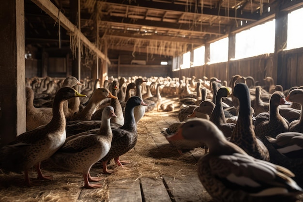 A group of ducks in a barn generative ai