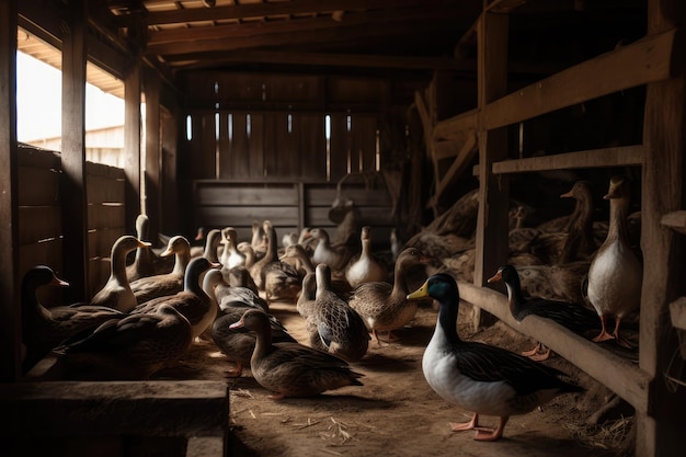 A group of ducks in a barn generative ai