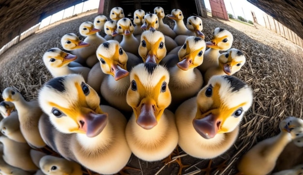 A group of ducks in a barn