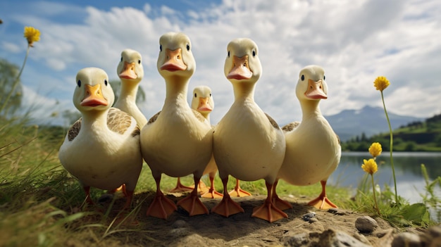 Group of ducks standing next to each other