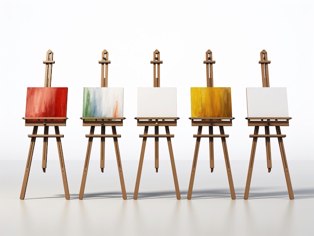 a group of easels with different colors of canvases