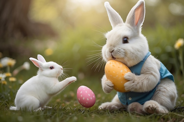 Group of Easter bunnies with colored eggs in the garden