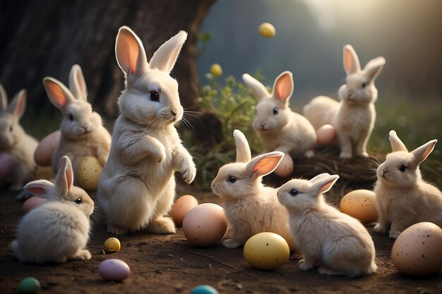 Group of Easter bunnies with colored eggs in the garden