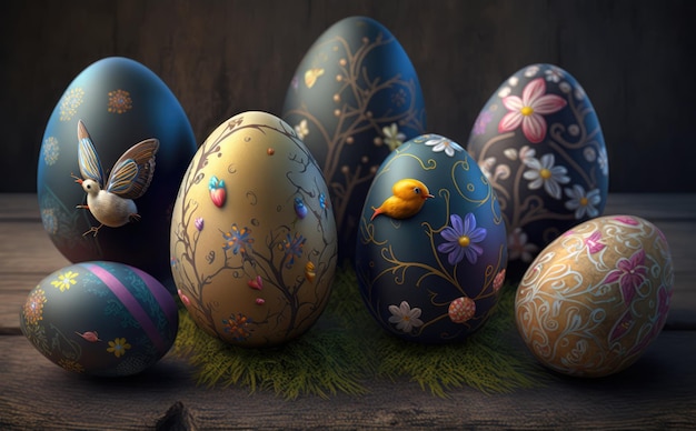 A group of easter eggs with a bird on the front.