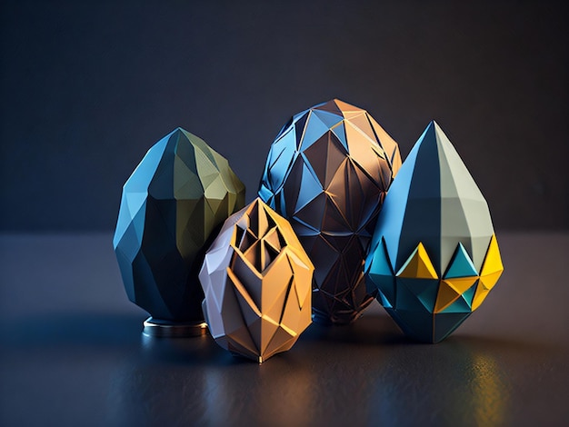 A group of easter eggs with different shapes and colors