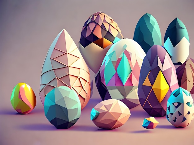 A group of easter eggs with different shapes and colors