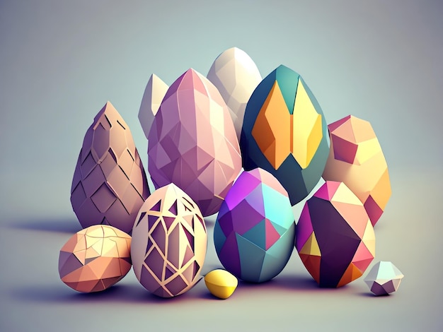 A group of easter eggs with different shapes and colors.