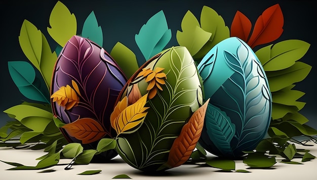 A group of easter eggs with leaves on the bottom.