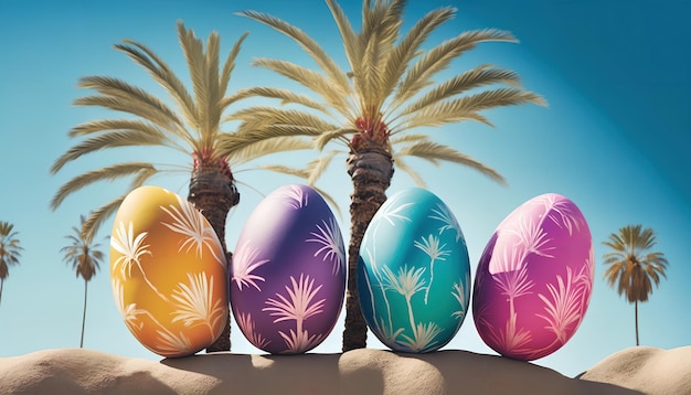 A group of easter eggs with palm trees in the background.